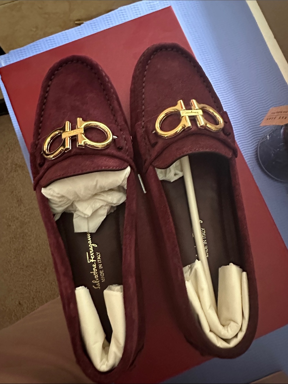 Salvatore Ferragamo Burgundy Suede Gancini Drivers